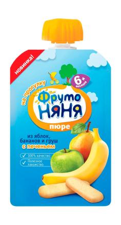 Пюре ФрутоНяня яблоко,банан, груша с печеньем 90гр: 69 ₽, артикул ...