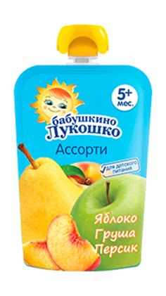 ПАУЧ пюре "Бабушкино лукошко" 90 г. АССОРТИ 'Яблоко Груша Персик' с 5 ...